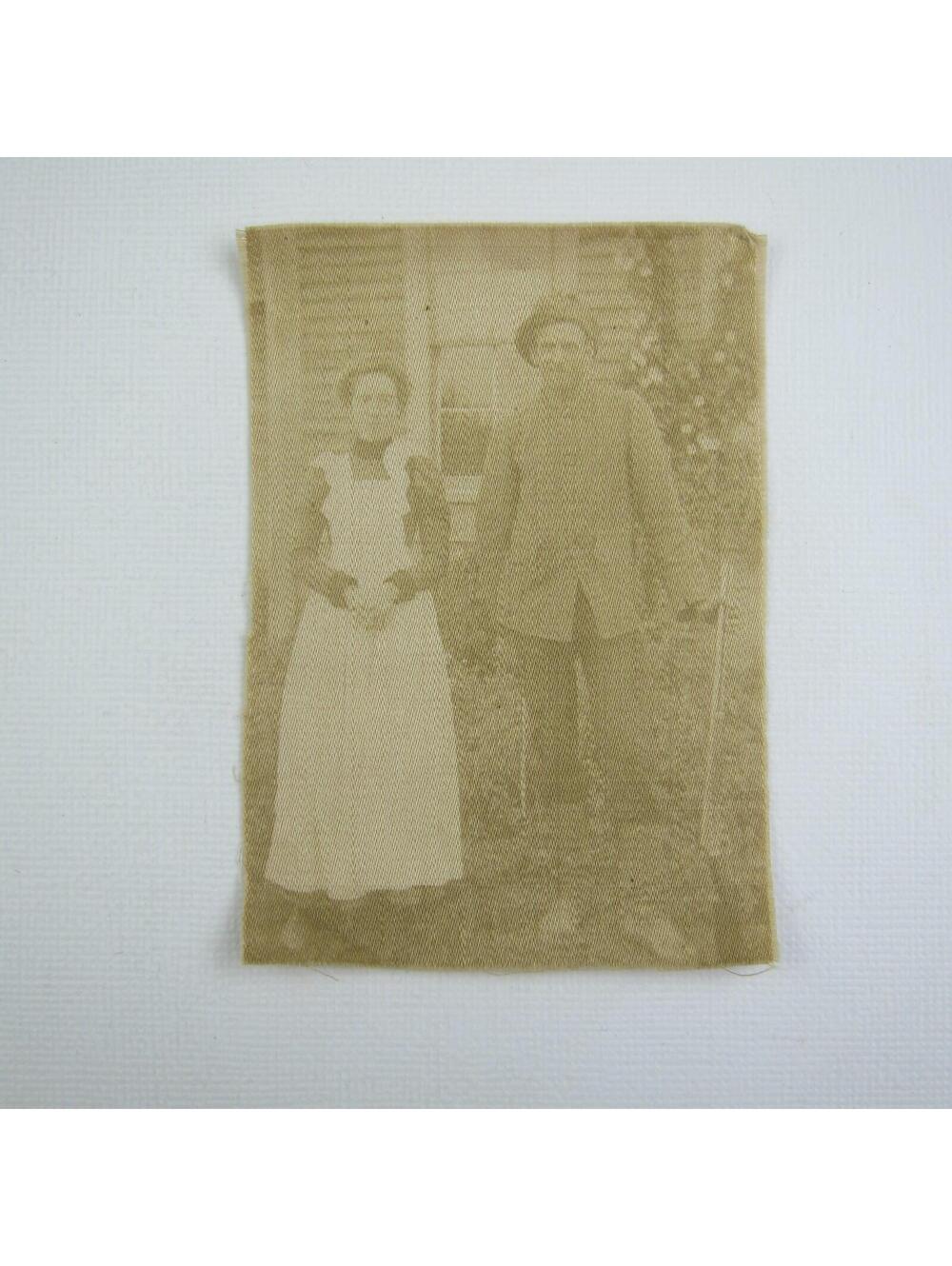 Photograph On Cloth Man with Rifle & Wife in White Apron Antique 1800s RARE